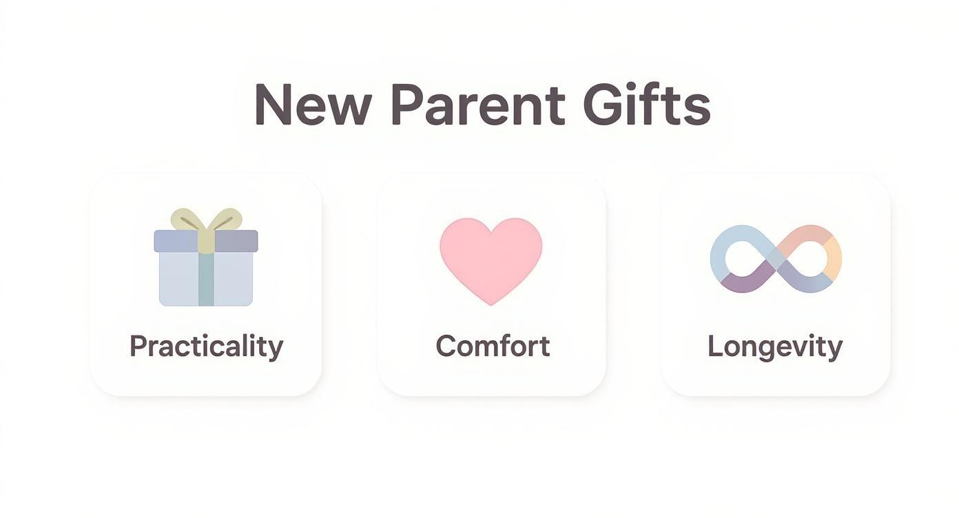Three categories for new parent gifts: practicality (gift box), comfort (heart), and longevity (infinity symbol).