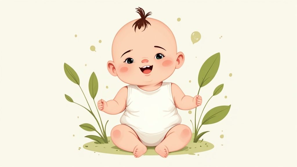 Mother holding her baby, both smiling, baby wearing a soft organic outfit.