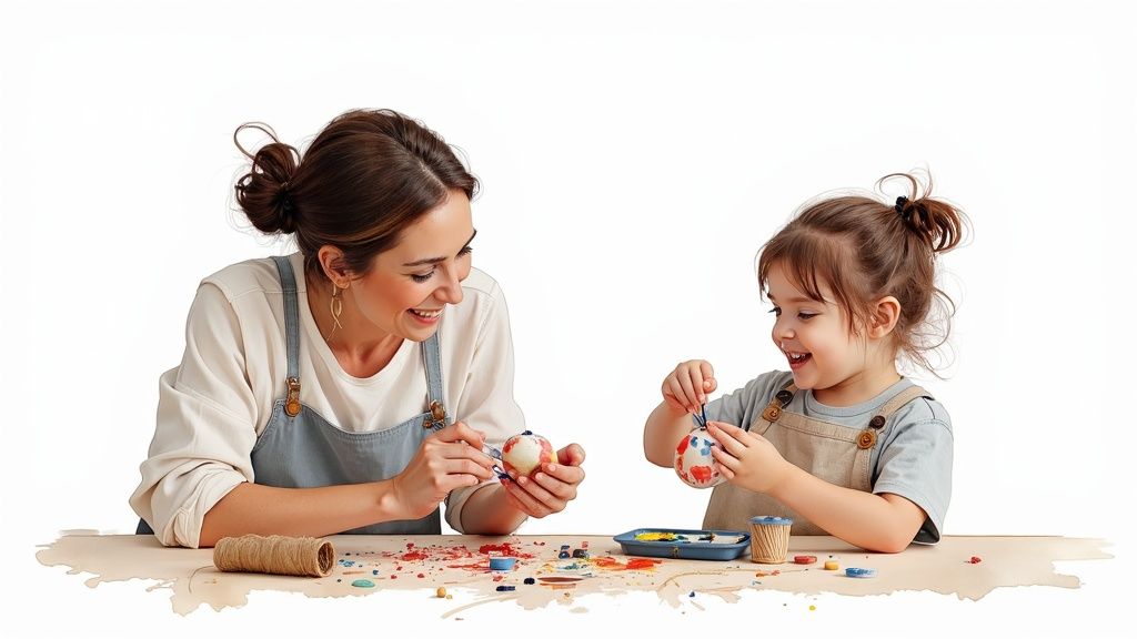 Happy mother and daughter decorating colorful Easter eggs together, smiling and having fun.