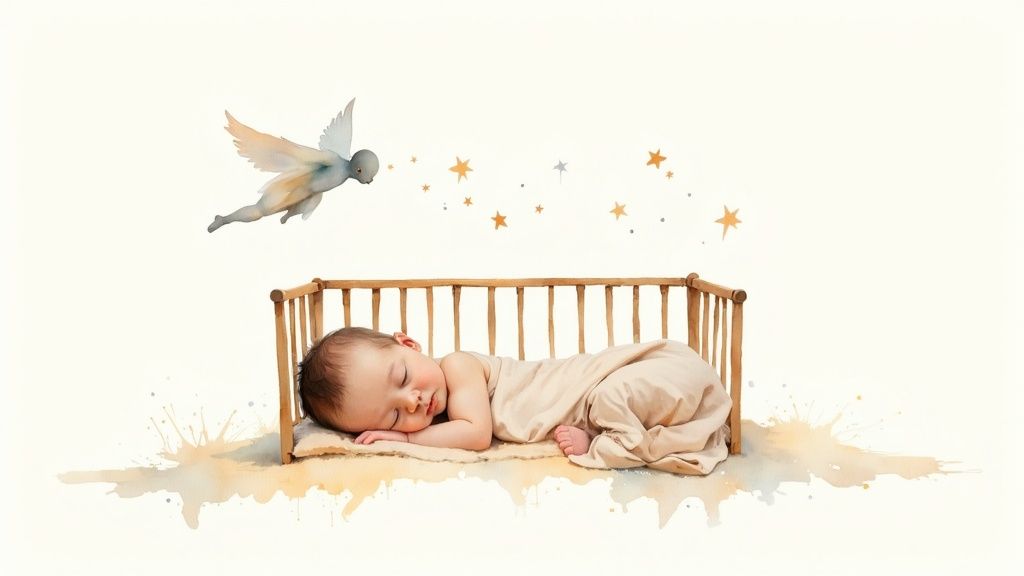 A watercolor image of a baby sleeping peacefully in a wooden crib, with a flying fairy and stars above.
