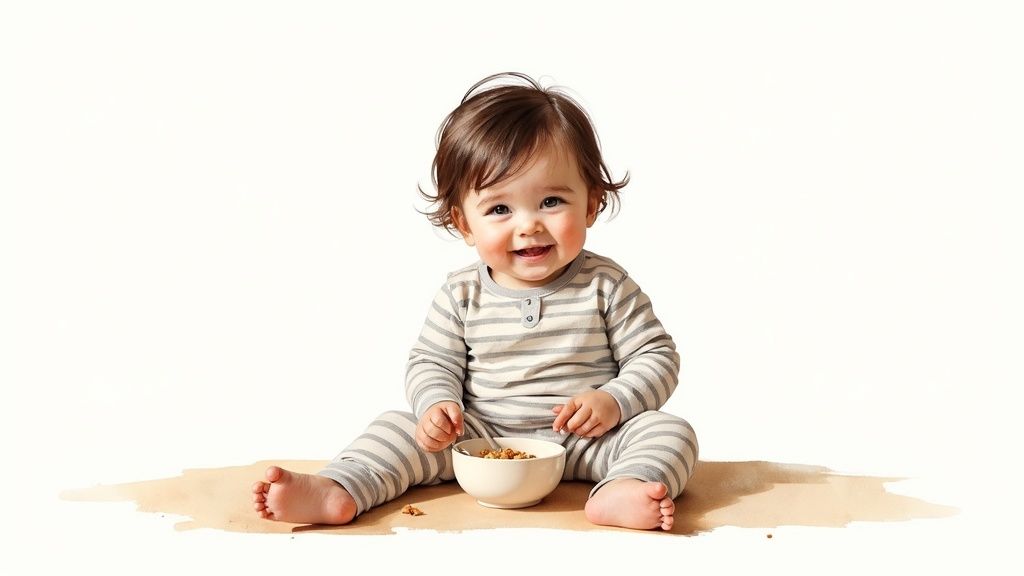 A child happily playing in stylish two-piece pajamas.