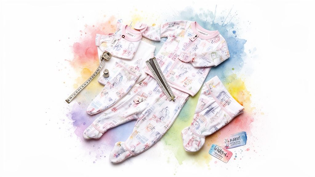 Assortment of pastel-colored bamboo baby sleepwear with stamps design, tailoring tapes and thimbles.