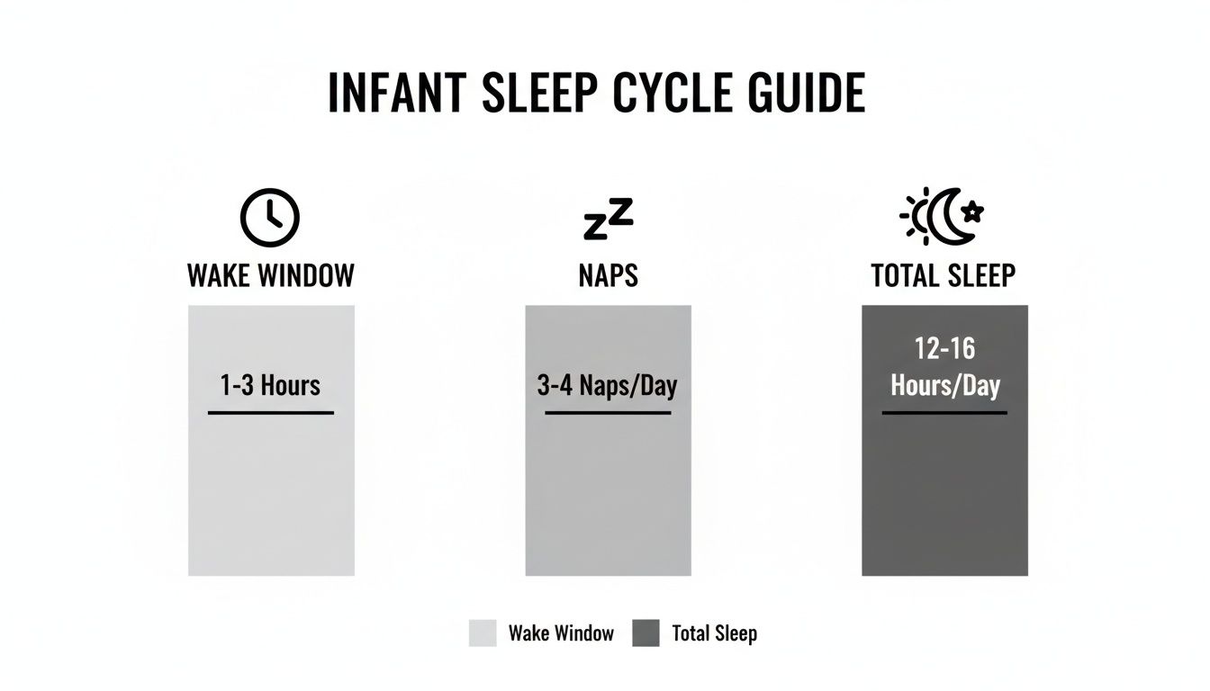 Infant sleep cycle guide showing wake windows, nap frequency, and total sleep recommendations for babies.