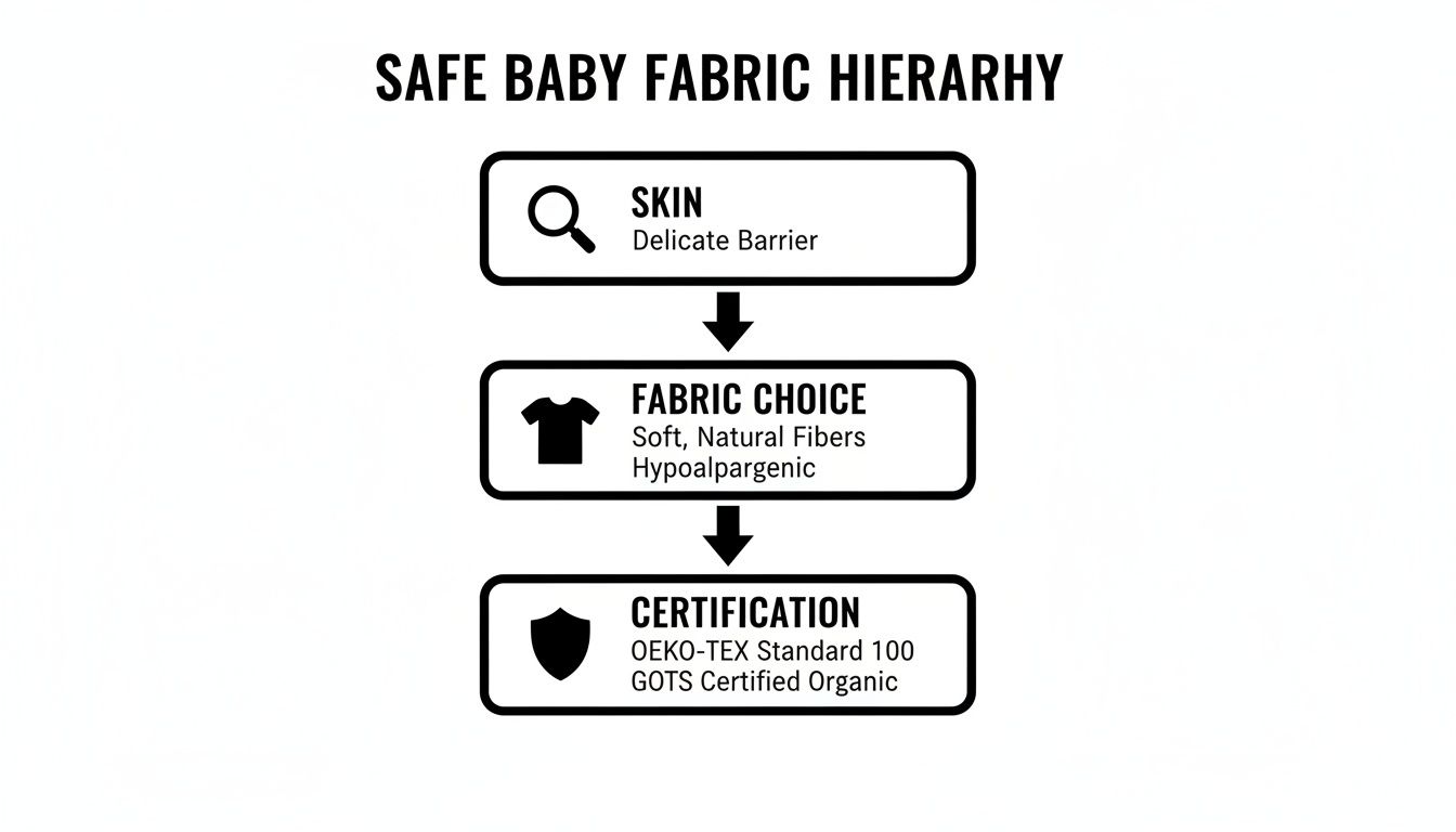 A hierarchy diagram for safe baby fabrics, detailing skin, fabric choices, and certifications.