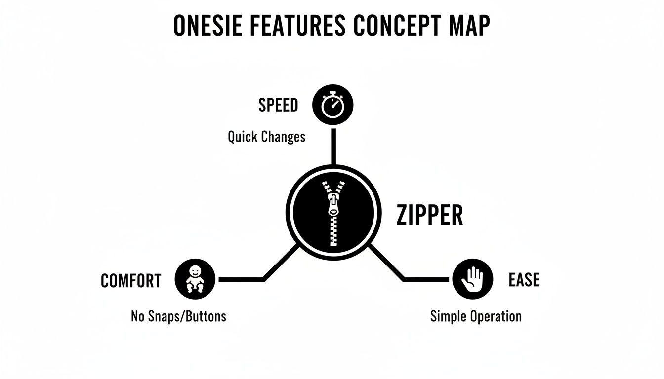 A concept map showing onesie features, highlighting zipper benefits for speed, comfort, and ease.