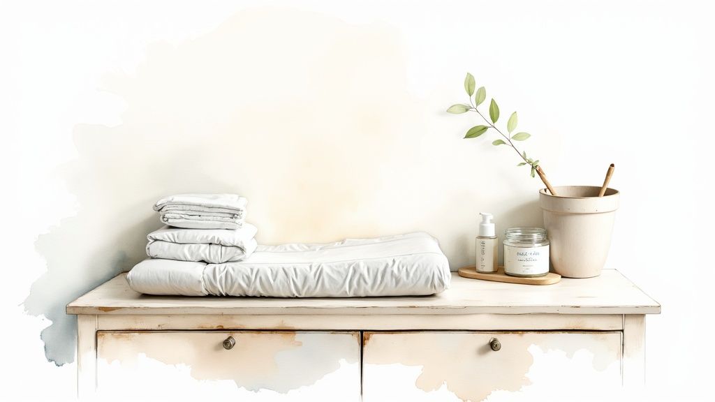 A collection of soft, folded newborn clothes and accessories.