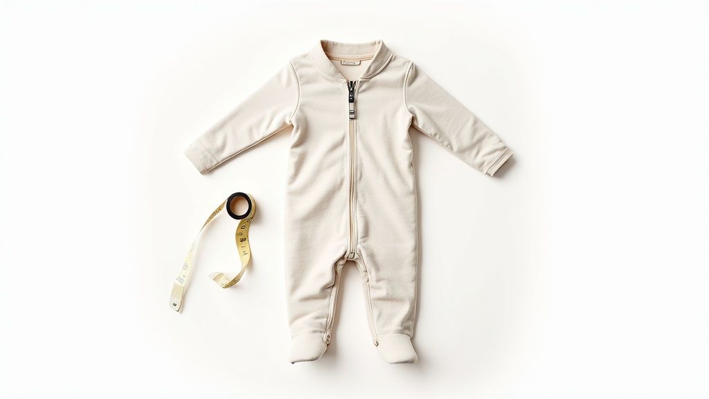 Cream zip-up baby onesie with footies and long sleeves, laid flat next to a yellow tape measure.
