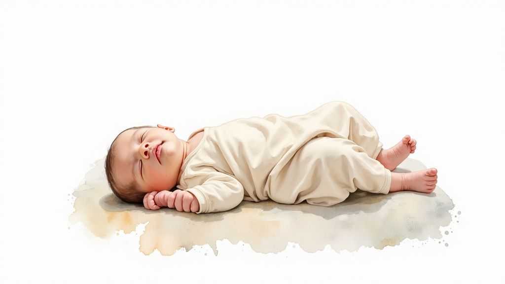 A peaceful newborn baby sleeps soundly on a soft watercolor cloud, wearing a cozy sleep sack.