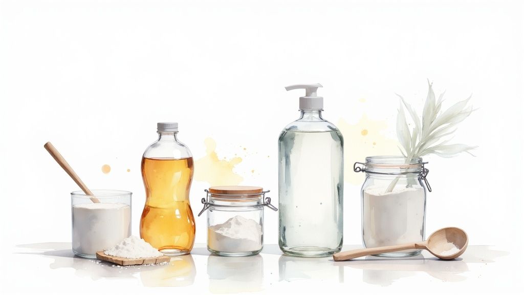 A collection of natural cleaning ingredients like baking soda, vinegar, and liquid soap.