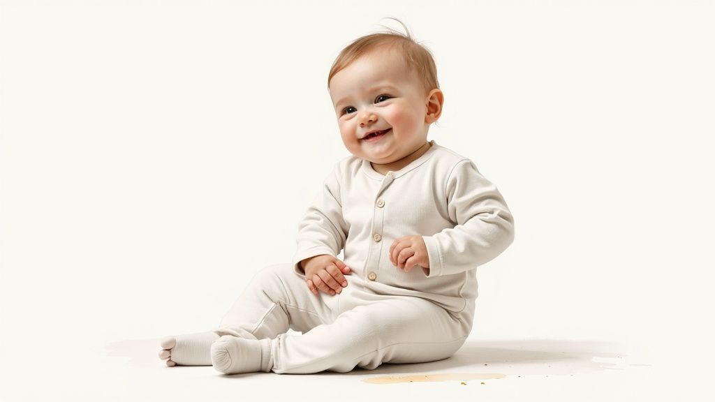 A happy baby in a cream long-sleeve onesie sits and smiles on a white background.