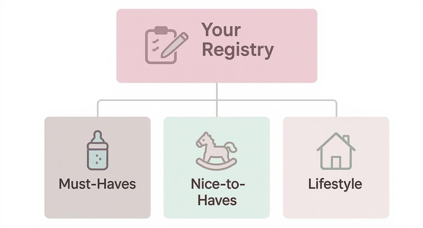 Baby registry categories infographic showing must-haves, nice-to-haves, and lifestyle items with icons