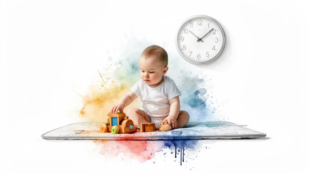 An adorable baby sits on a mat, playing with wooden blocks and a train toy, with a clock on the wall.