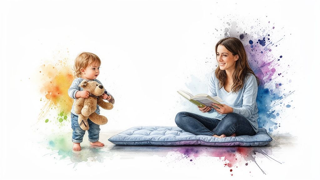 A happy child with a teddy bear looks at a smiling woman reading a book, surrounded by colorful watercolor splashes.