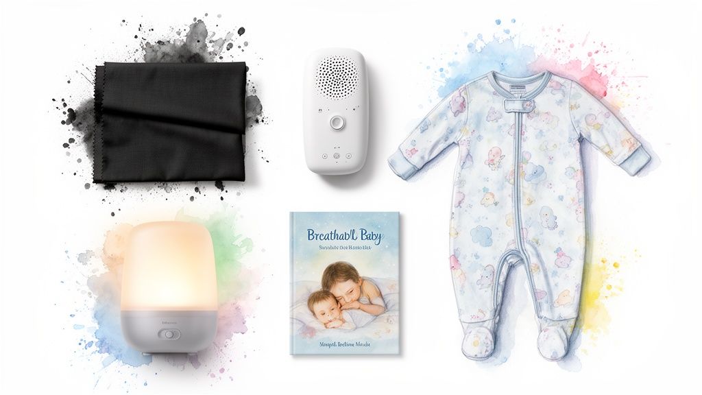 A flat lay of baby sleep essentials, including a patterned romper, sound machine, night light, and baby book.