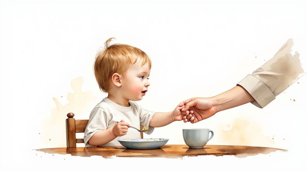 A mother and child saying grace before a meal.