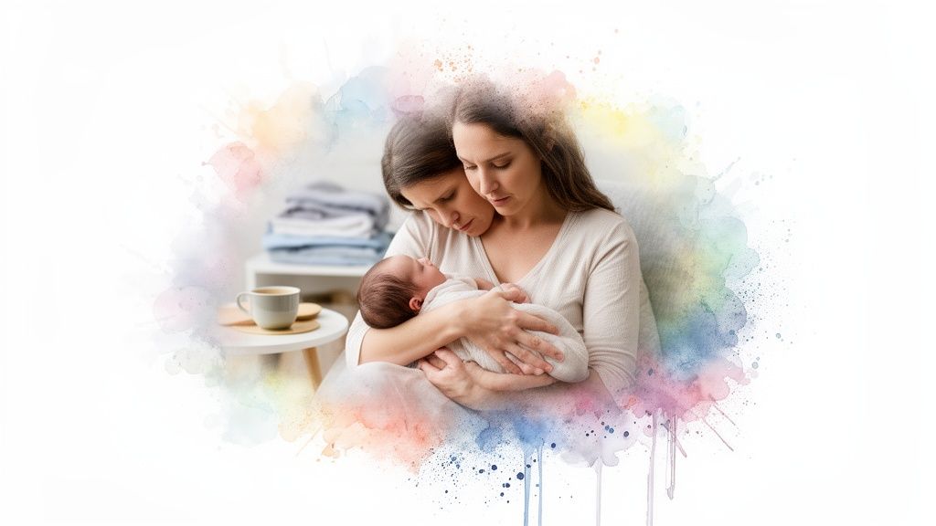 Two loving mothers tenderly holding their newborn baby with colorful watercolor splashes.