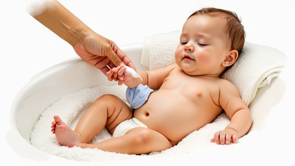 An adult hand gently touches a baby's hand with a soft white pad, the baby wears a blue mitt.