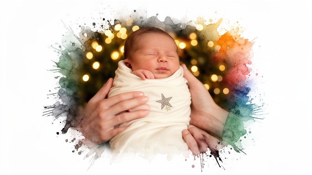 A newborn baby swaddled in a blanket, held by hands, against blurry Christmas lights.