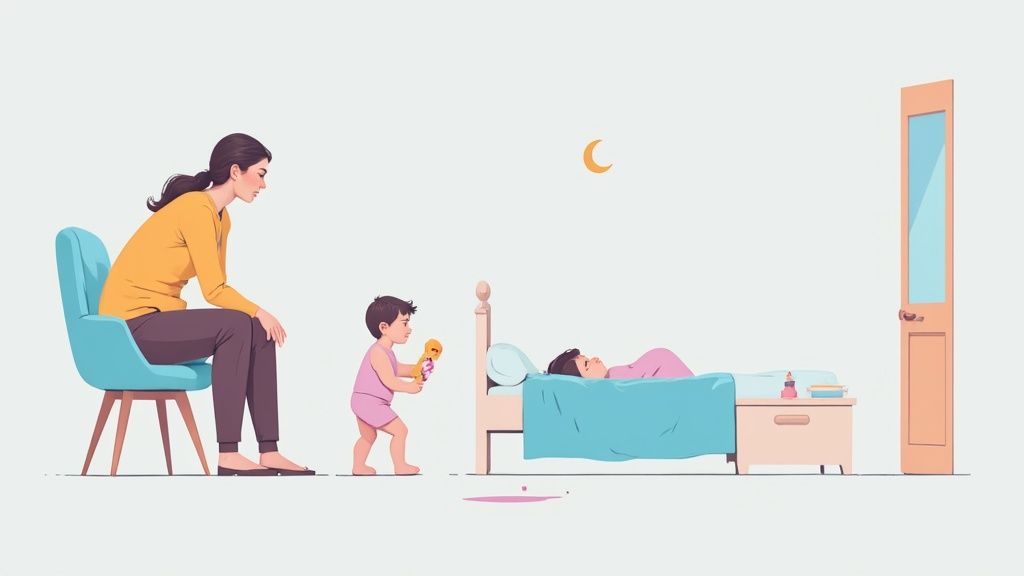 A mother sitting on a chair next to her toddler's crib, providing gentle reassurance.