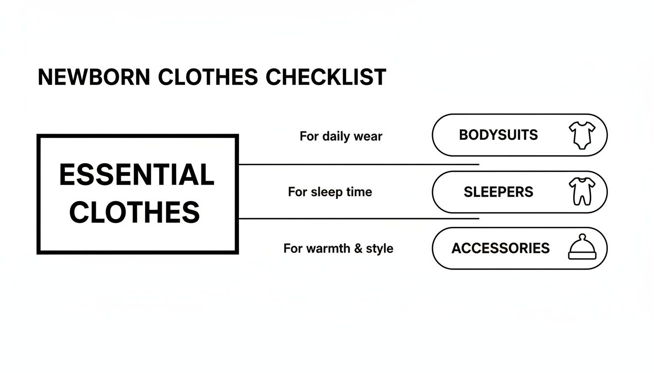 A newborn clothes checklist diagram showing essential categories: bodysuits for daily wear, sleepers for sleep time, and accessories for warmth and style.
