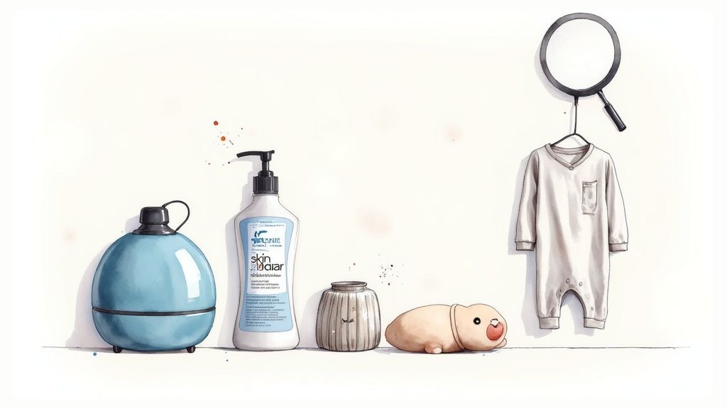 A watercolor illustration of various baby care items including lotion, humidifier, toy, and onesie.