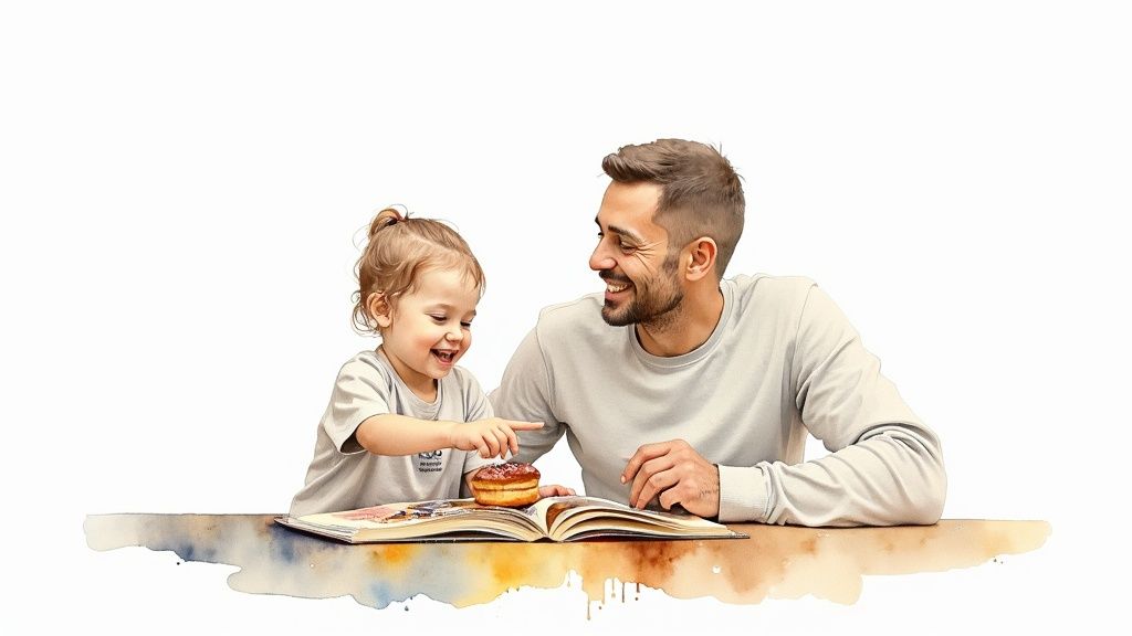 A happy father and child share a joyful moment, looking at a book and a donut together.