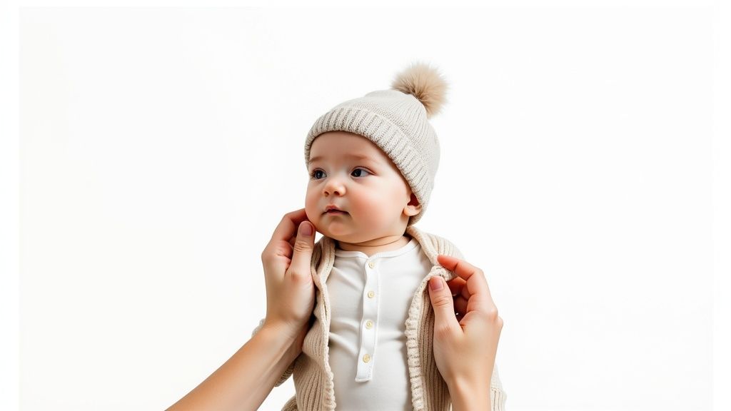 Adult hands dress a cute baby in a warm light-colored beanie with a pompom and a knitted cardigan.