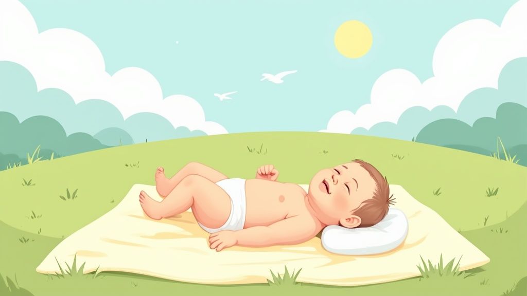 A happy baby crawling on a soft blanket during diaper-free time