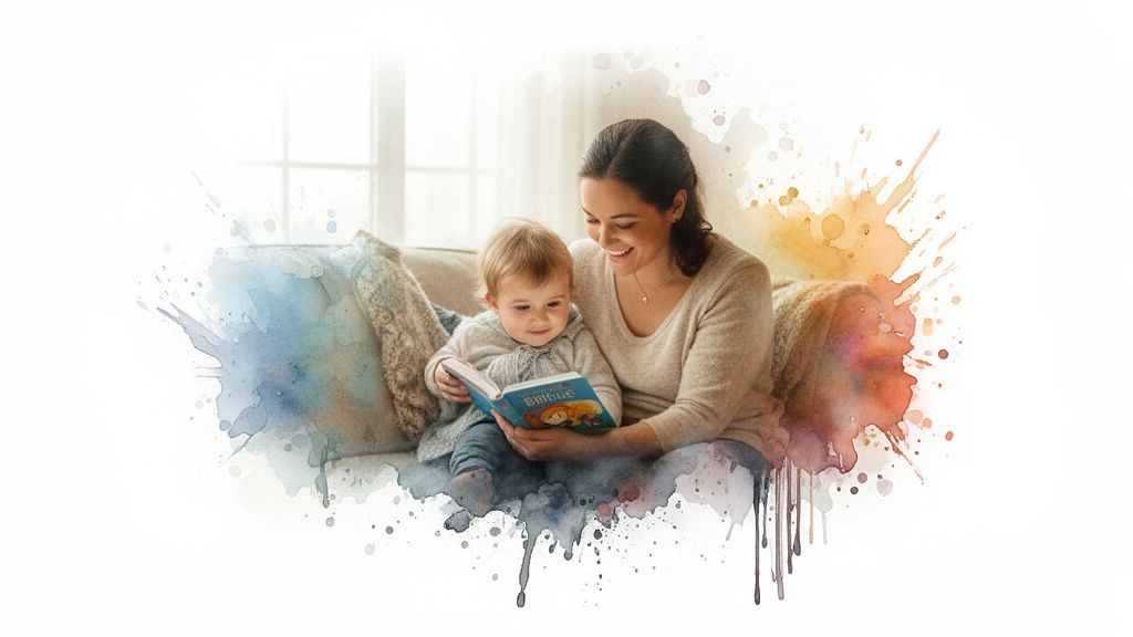 A loving mother and her baby joyfully read a colorful storybook on a couch.