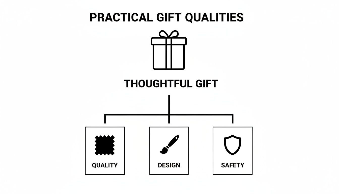 A diagram illustrating thoughtful gift qualities, showing a gift box linked to quality, design, and safety.