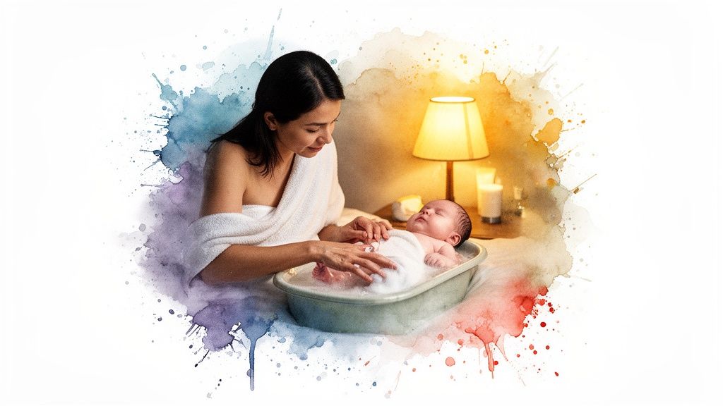 A loving mother gently bathes her newborn baby in a warm, cozy setting with watercolor splashes.