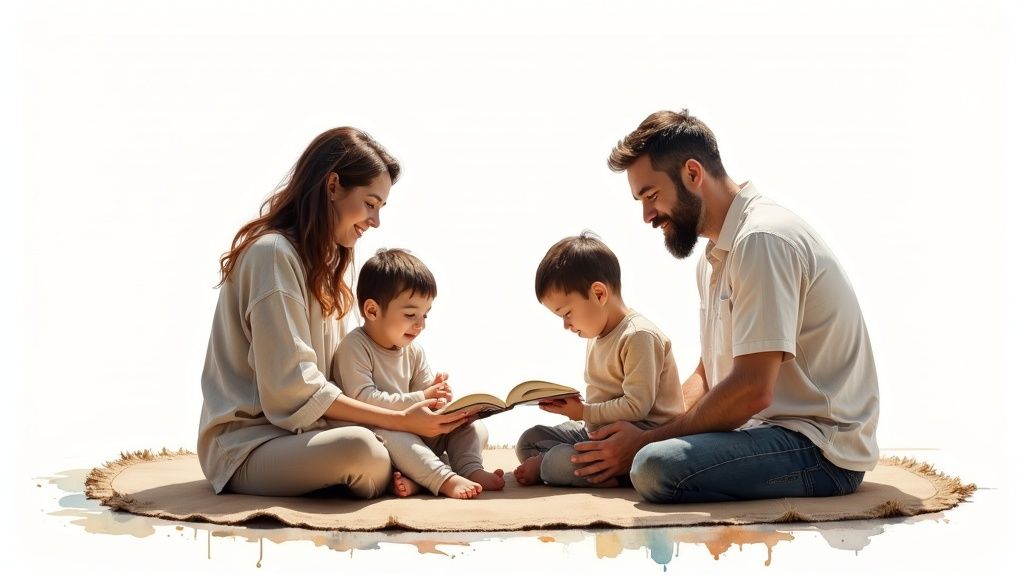 A happy family of parents and two young children sitting on a mat, reading a book together.