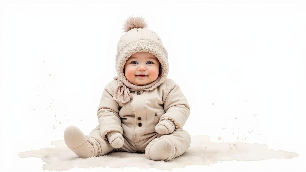 Adorable baby in a cozy beige winter snowsuit and pom-pom hat smiles happily on a white background.