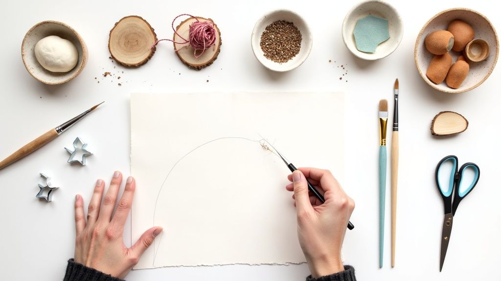 A flat lay of craft supplies with hands working on paper, making handmade advent calendar ornaments.