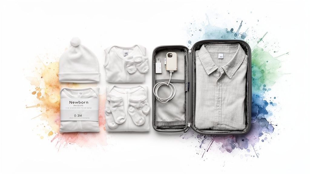 A flat lay of baby's white coming home outfit with a travel organizer and adult shirt.
