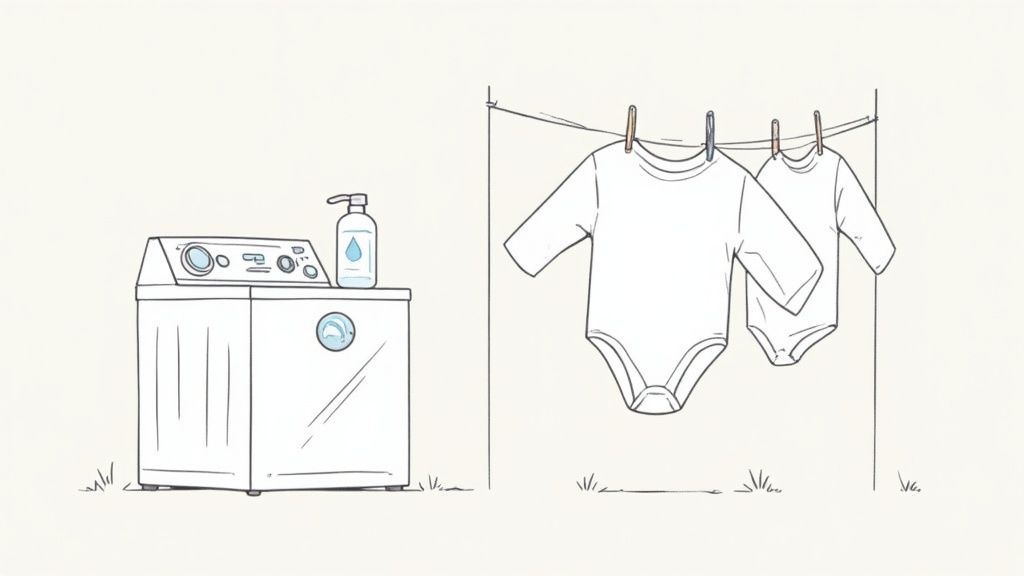 A gentle hand washing organic baby clothes in a basin with soft light.