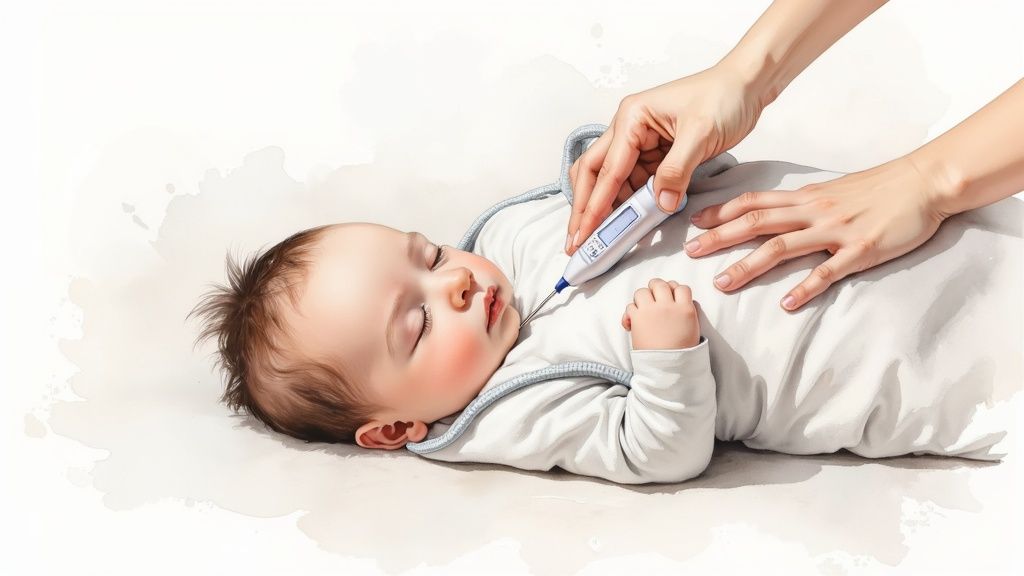 A close-up shot of a baby sleeping peacefully in a TOG-rated sleep sack.