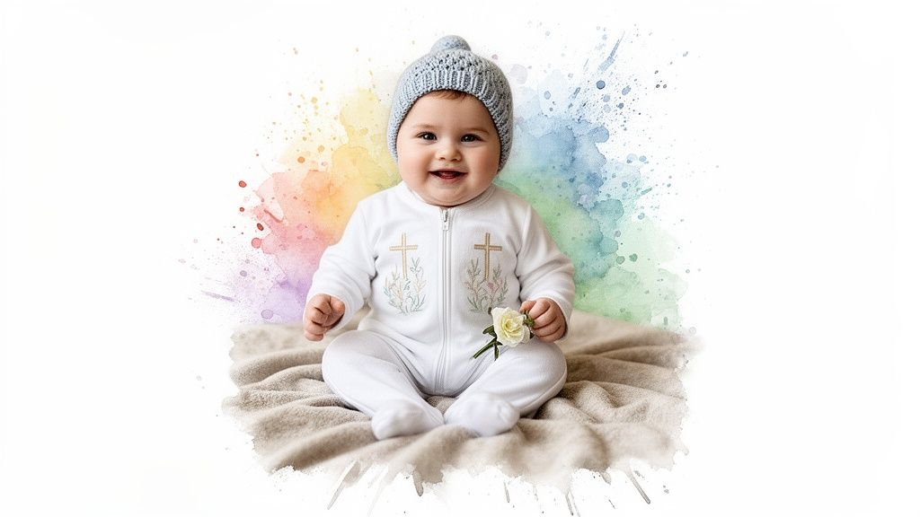 A joyful baby in a white zip-up onesie and blue hat, holding a rose, against a colorful watercolor background.