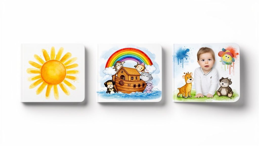 Three watercolor-illustrated board books for toddlers featuring a sun, Noah's Ark, and a baby with animals.