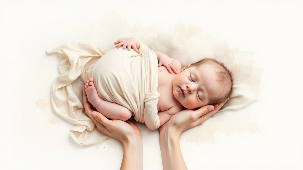 Newborn baby wrapped in cream fabric being gently held by parent's hands