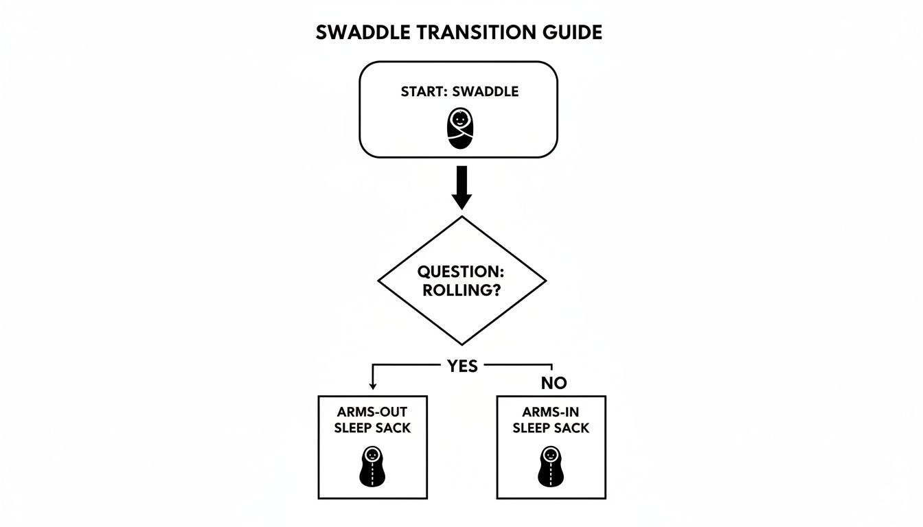 Flowchart showing a swaddle transition guide, advising arms-out sleep sack if baby is rolling, or arms-in if not.