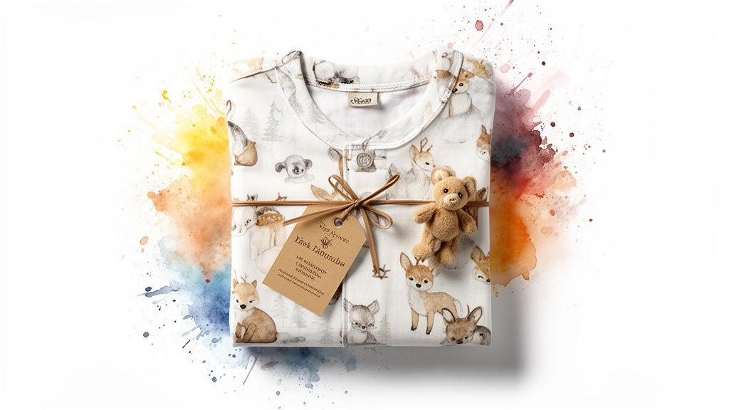 A folded white baby pajama with animal prints, tied with a ribbon, and a small teddy bear, against watercolor splashes.