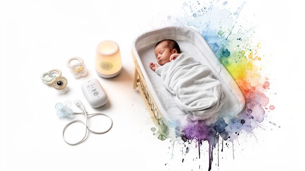 A newborn baby sleeps peacefully in a bassinet, surrounded by baby products like a sound machine and pacifiers.
