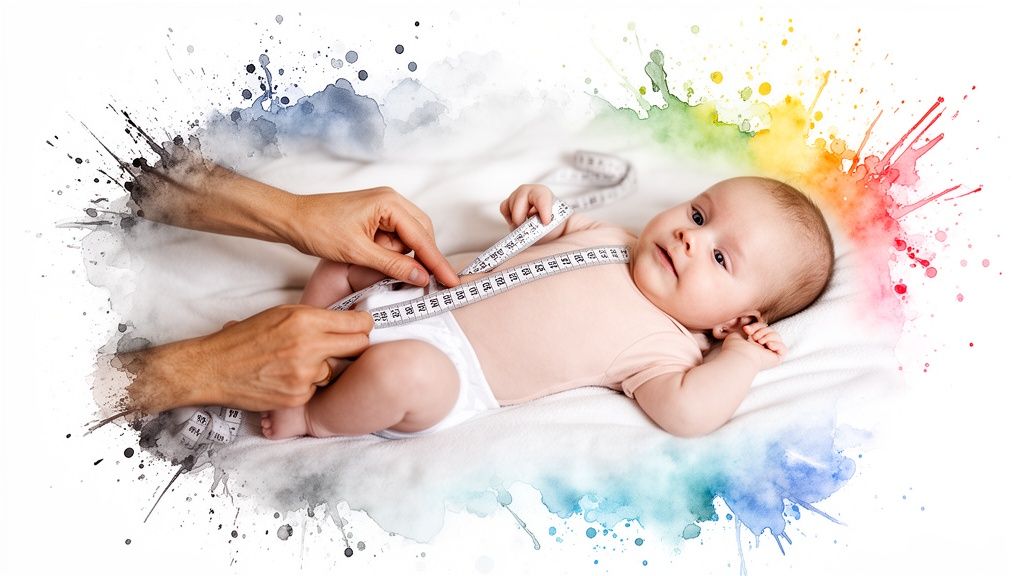 Adult hands measure a baby's chest with a tape measure, on a white blanket with colorful splashes.