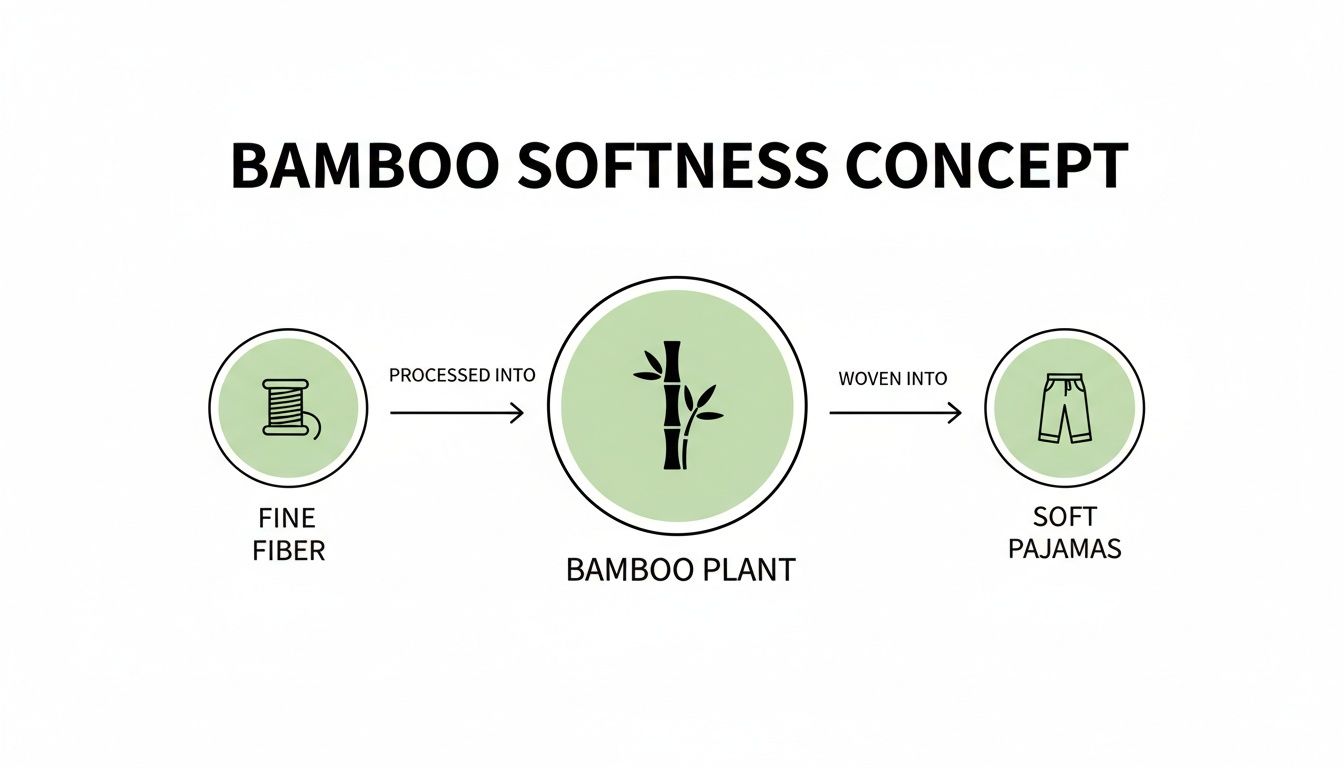 A diagram illustrates the bamboo softness concept, showing fine fiber processed into bamboo plant, then woven into soft pajamas.
