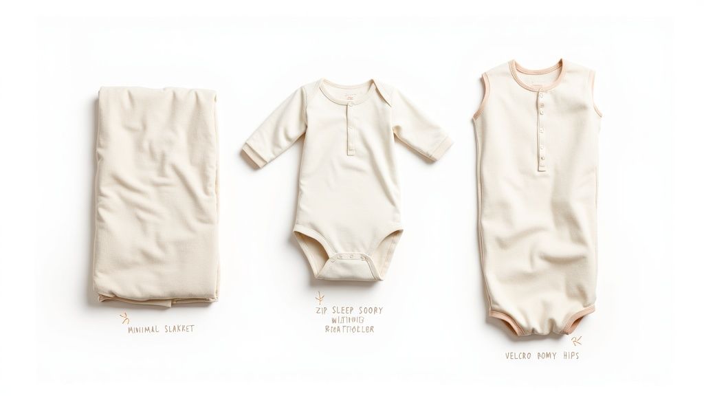 Three light-colored baby clothing items on a white background: a folded blanket, a long-sleeve onesie, and a sleeveless sleep sack.