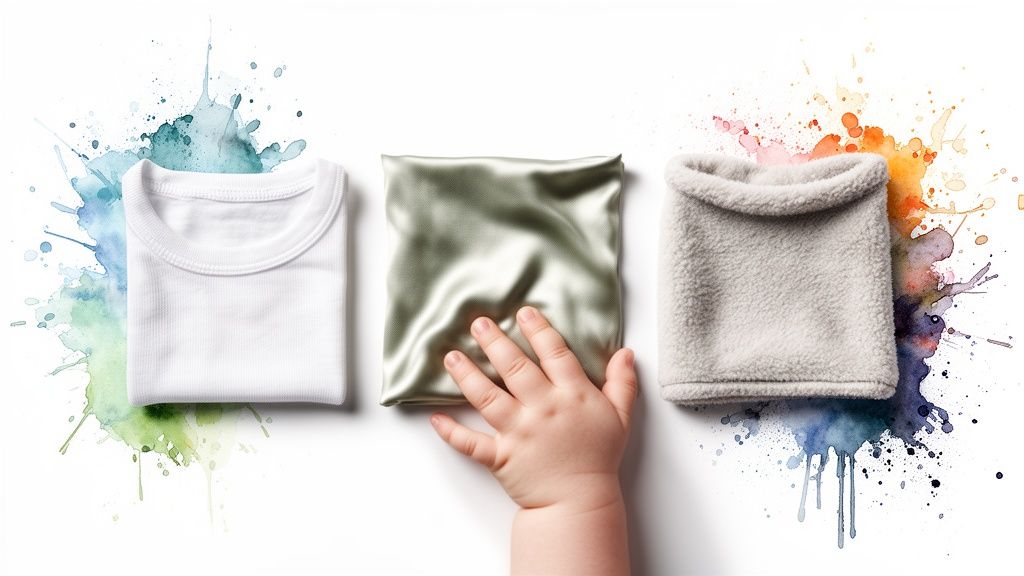 A baby's hand reaches for soft fabric samples, including cotton, silk, and fleece, on a colorful background.