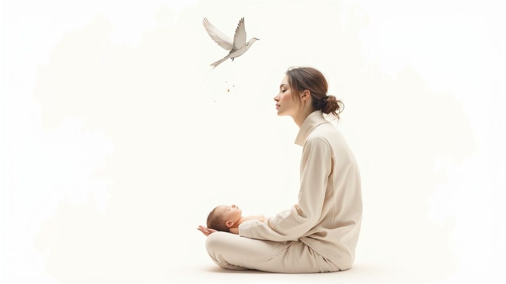 Peaceful mother sitting in meditation pose holding newborn baby with white dove flying above