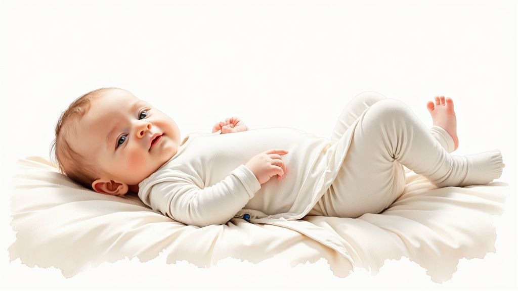 A happy baby lies on a soft, light-colored surface, wearing a cream sleep sack.