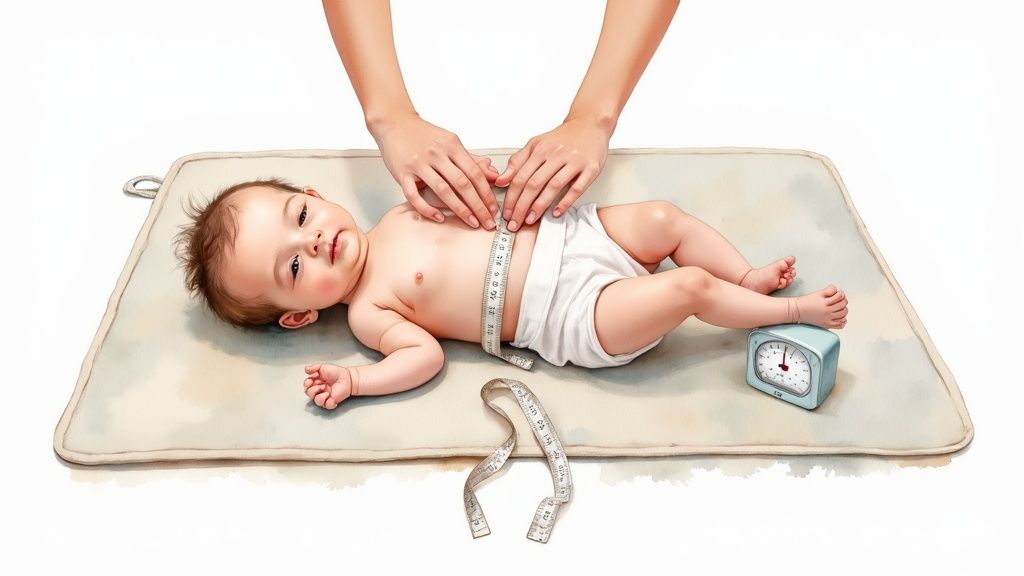 A person measures a baby's waist with a tape measure on a changing pad, with an alarm clock nearby.
